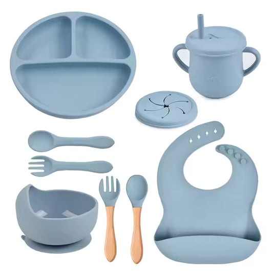 9-Piece Baby Tableware Set Silicone Smiley Dinner Plate Bib Bowl Spoon Fork Cup Silicone Baby Feeding Set