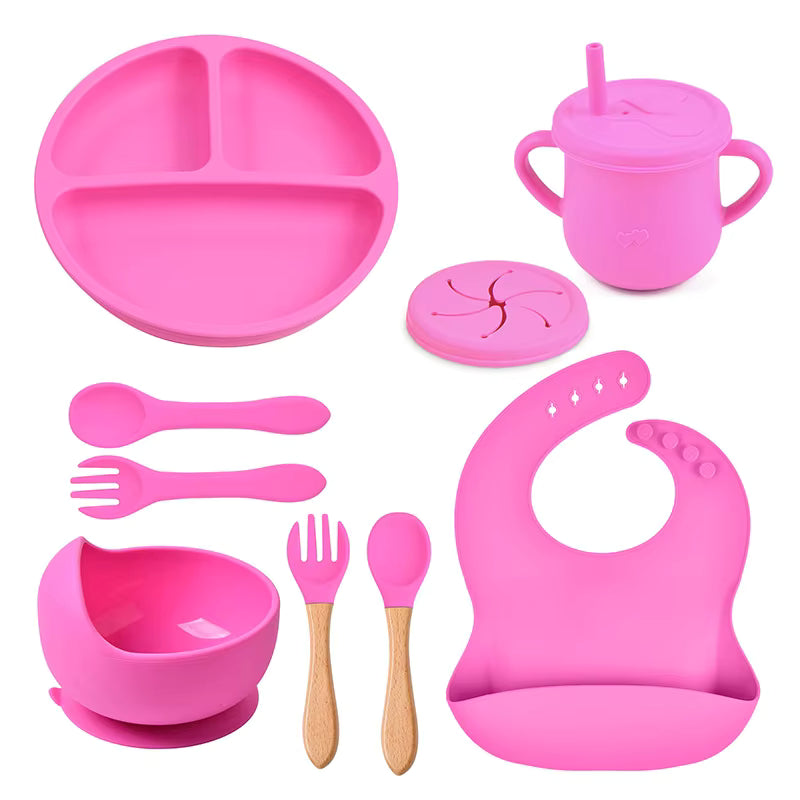 9-Piece Baby Tableware Set Silicone Smiley Dinner Plate Bib Bowl Spoon Fork Cup Silicone Baby Feeding Set