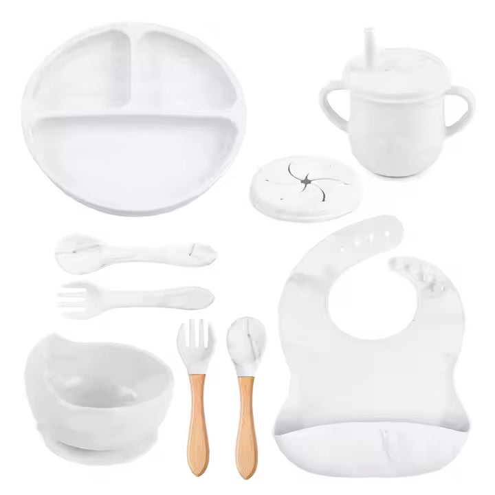 9-Piece Baby Tableware Set Silicone Smiley Dinner Plate Bib Bowl Spoon Fork Cup Silicone Baby Feeding Set