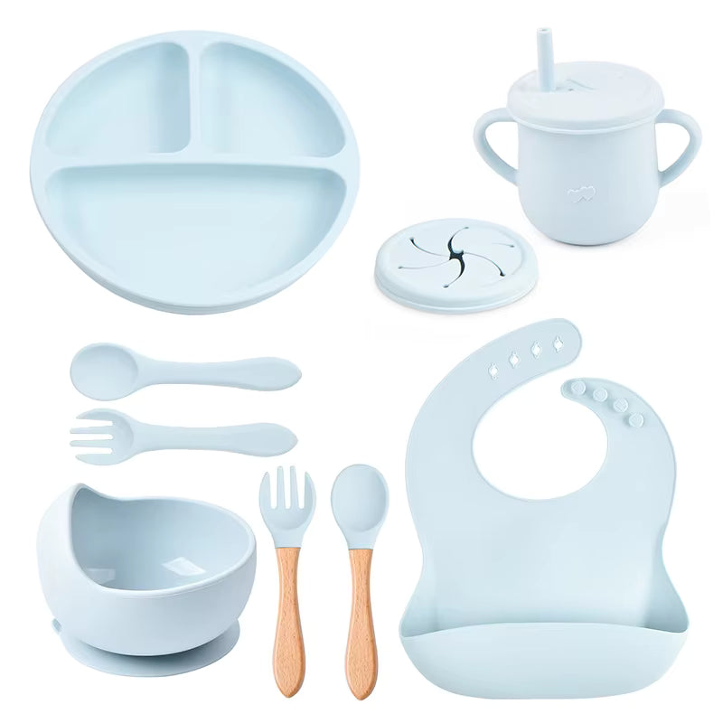 9-Piece Baby Tableware Set Silicone Smiley Dinner Plate Bib Bowl Spoon Fork Cup Silicone Baby Feeding Set