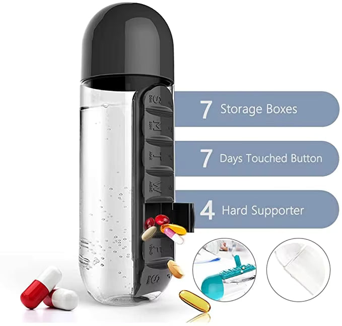 New Water Bottle Pill Box Weekly Pill Cup Case , Travel Multi-Purpose Pill Bottle, Outdoor 7 Compartment Pill Organizer 20 Oz.