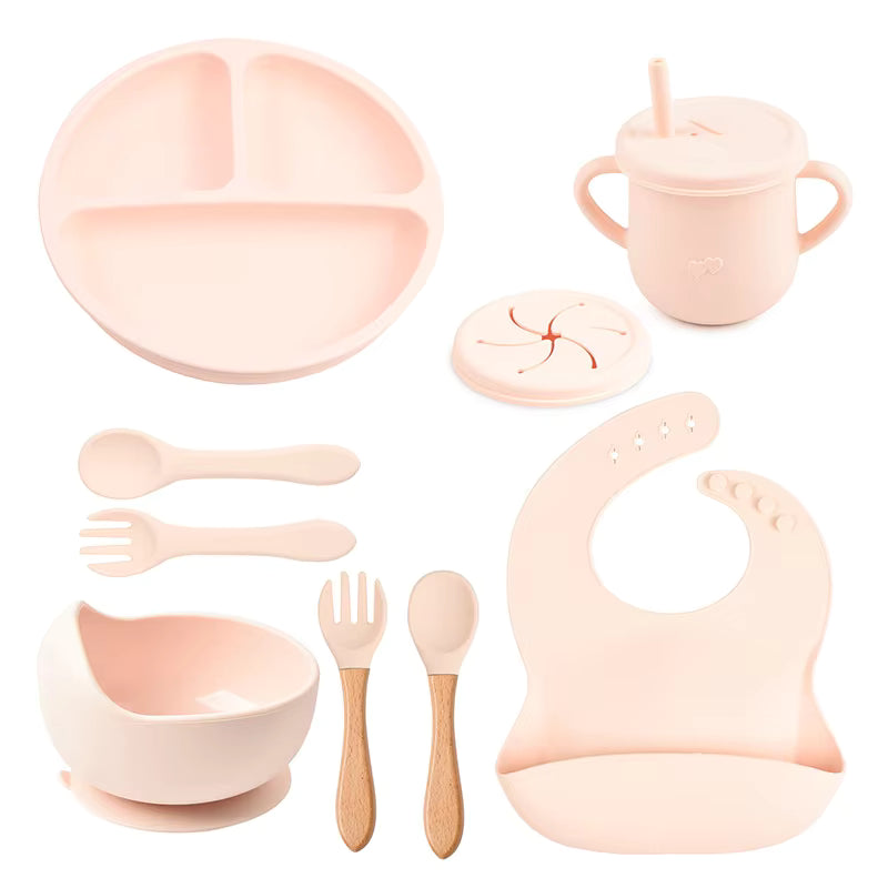 9-Piece Baby Tableware Set Silicone Smiley Dinner Plate Bib Bowl Spoon Fork Cup Silicone Baby Feeding Set
