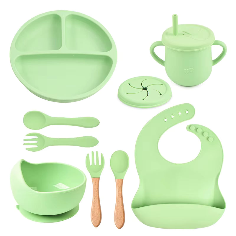 9-Piece Baby Tableware Set Silicone Smiley Dinner Plate Bib Bowl Spoon Fork Cup Silicone Baby Feeding Set
