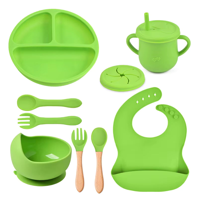9-Piece Baby Tableware Set Silicone Smiley Dinner Plate Bib Bowl Spoon Fork Cup Silicone Baby Feeding Set