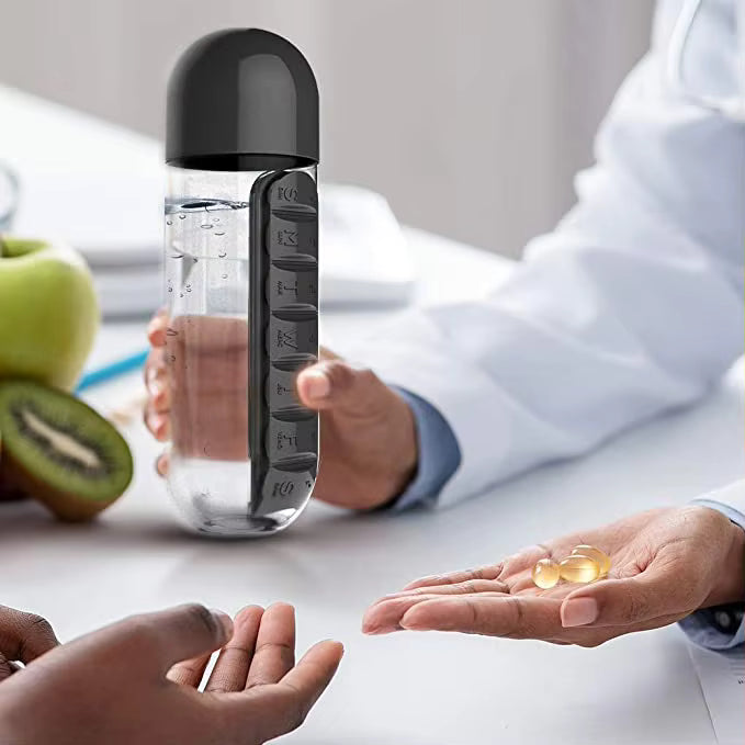 New Water Bottle Pill Box Weekly Pill Cup Case , Travel Multi-Purpose Pill Bottle, Outdoor 7 Compartment Pill Organizer 20 Oz.