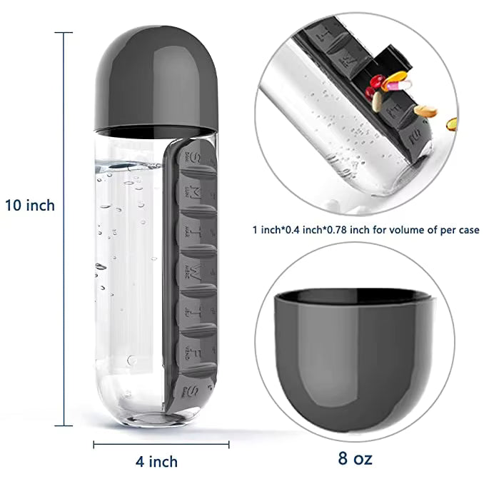 New Water Bottle Pill Box Weekly Pill Cup Case , Travel Multi-Purpose Pill Bottle, Outdoor 7 Compartment Pill Organizer 20 Oz.