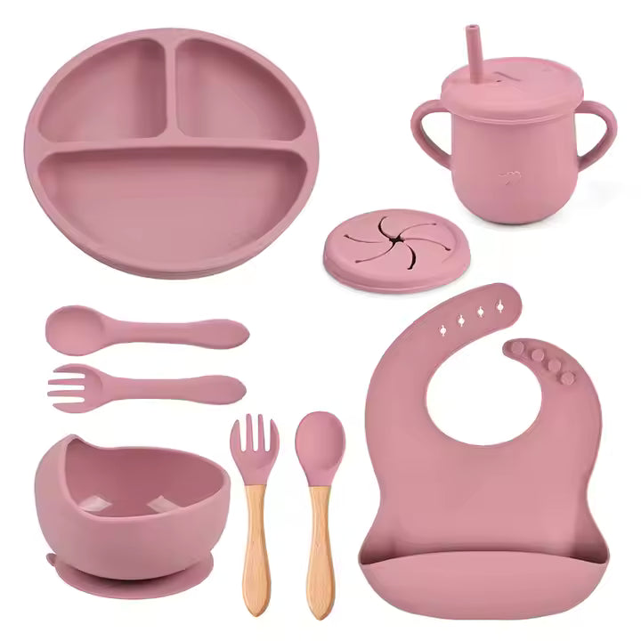 9-Piece Baby Tableware Set Silicone Smiley Dinner Plate Bib Bowl Spoon Fork Cup Silicone Baby Feeding Set
