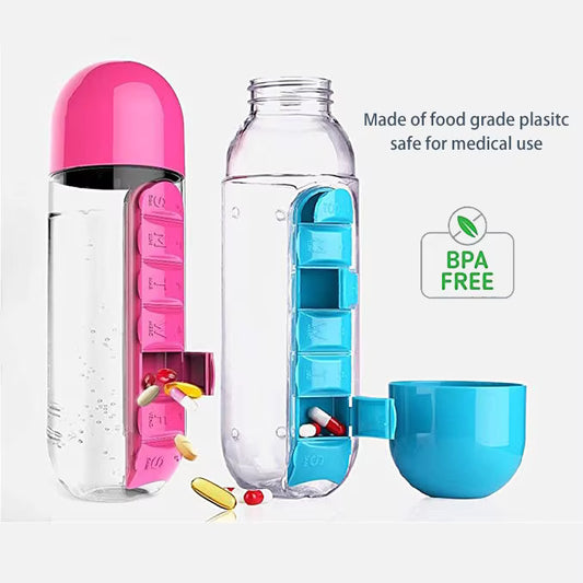 New Water Bottle Pill Box Weekly Pill Cup Case , Travel Multi-Purpose Pill Bottle, Outdoor 7 Compartment Pill Organizer 20 Oz.