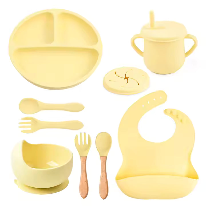 9-Piece Baby Tableware Set Silicone Smiley Dinner Plate Bib Bowl Spoon Fork Cup Silicone Baby Feeding Set