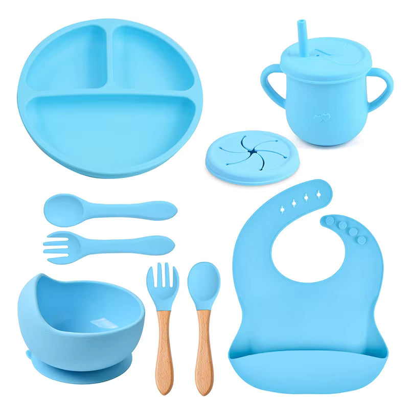 9-Piece Baby Tableware Set Silicone Smiley Dinner Plate Bib Bowl Spoon Fork Cup Silicone Baby Feeding Set
