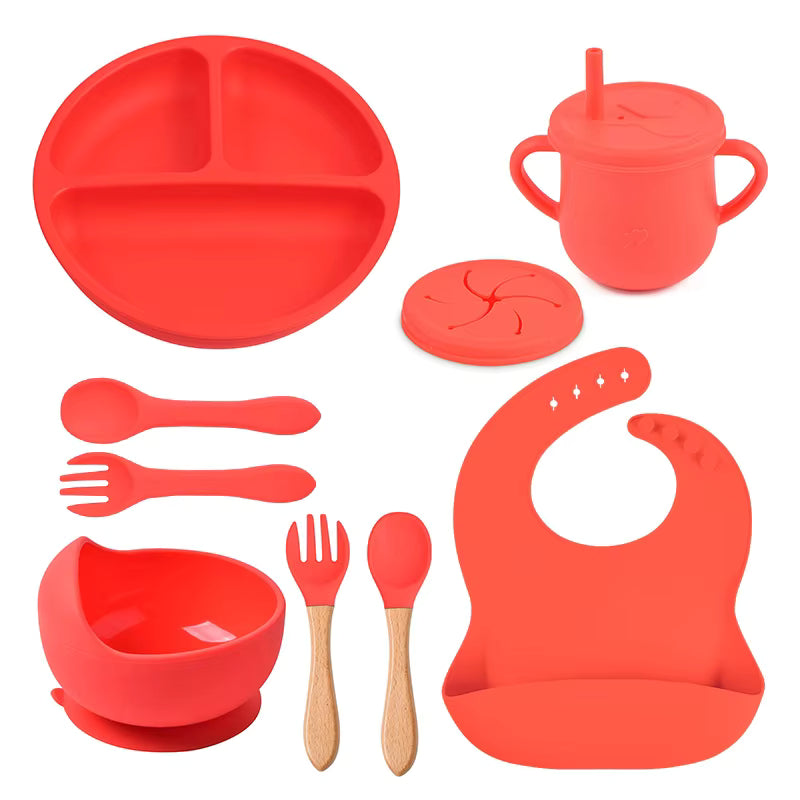 9-Piece Baby Tableware Set Silicone Smiley Dinner Plate Bib Bowl Spoon Fork Cup Silicone Baby Feeding Set