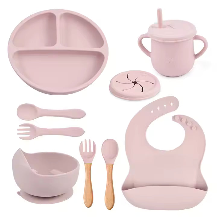 9-Piece Baby Tableware Set Silicone Smiley Dinner Plate Bib Bowl Spoon Fork Cup Silicone Baby Feeding Set
